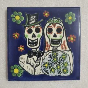 Colorful Day of the Dead skull couple illustration.