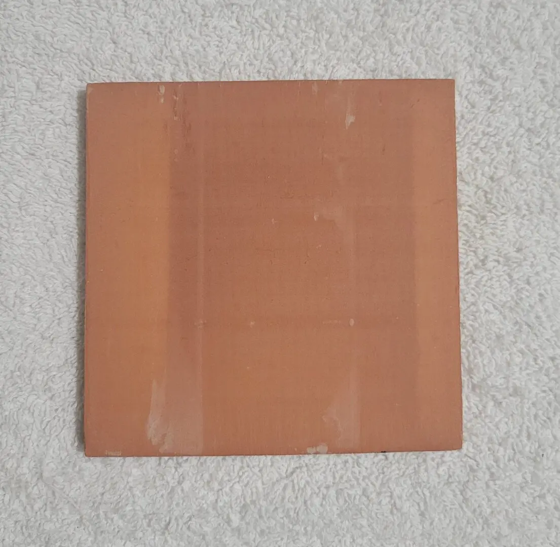 A plain, square, brown tile on a light carpet.