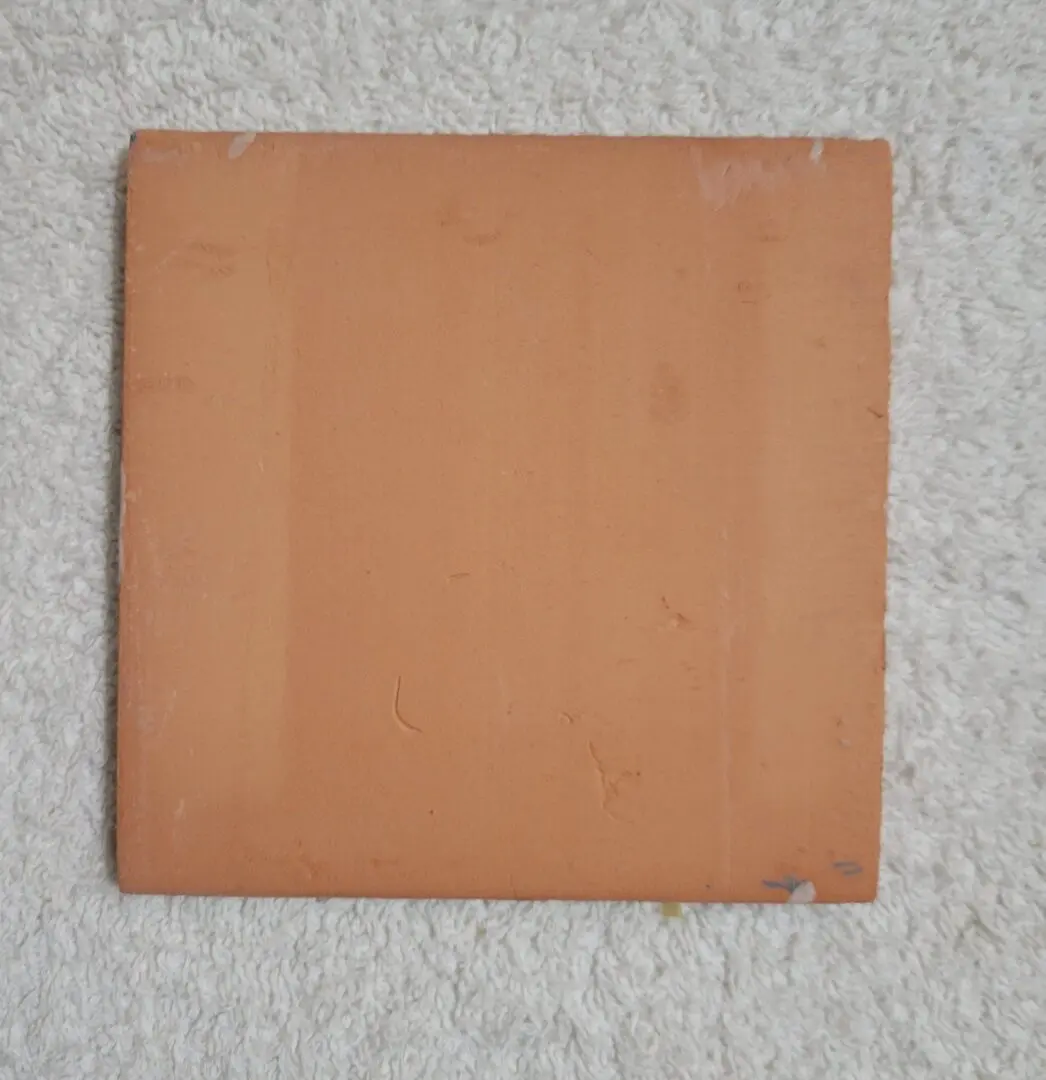 Square terracotta tile on a light surface.