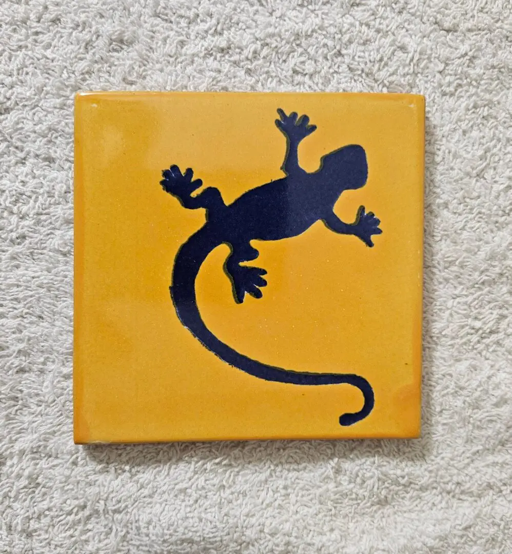 Lizard silhouette on orange square tile.
