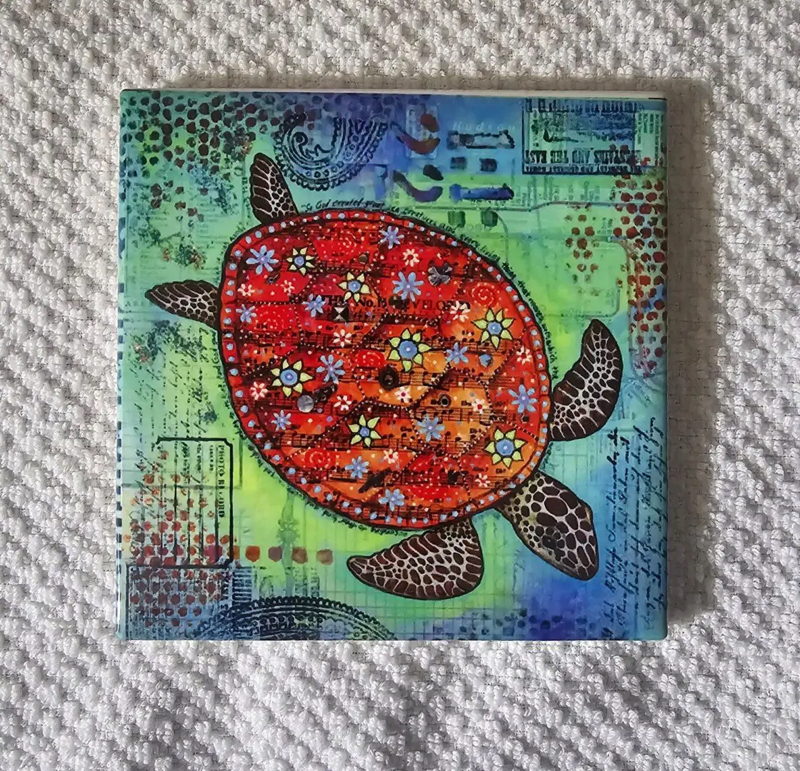Colorful turtle artwork on textured background.