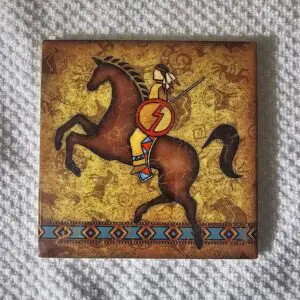 Artistic painting of a warrior on a rearing horse with a circular symbol.