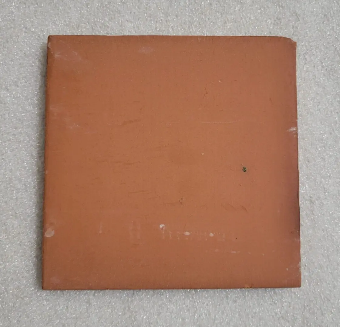 Worn square terracotta tile on light carpet
