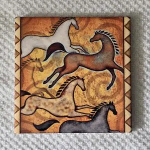 Decorative artwork featuring stylized horses in earthy tones.