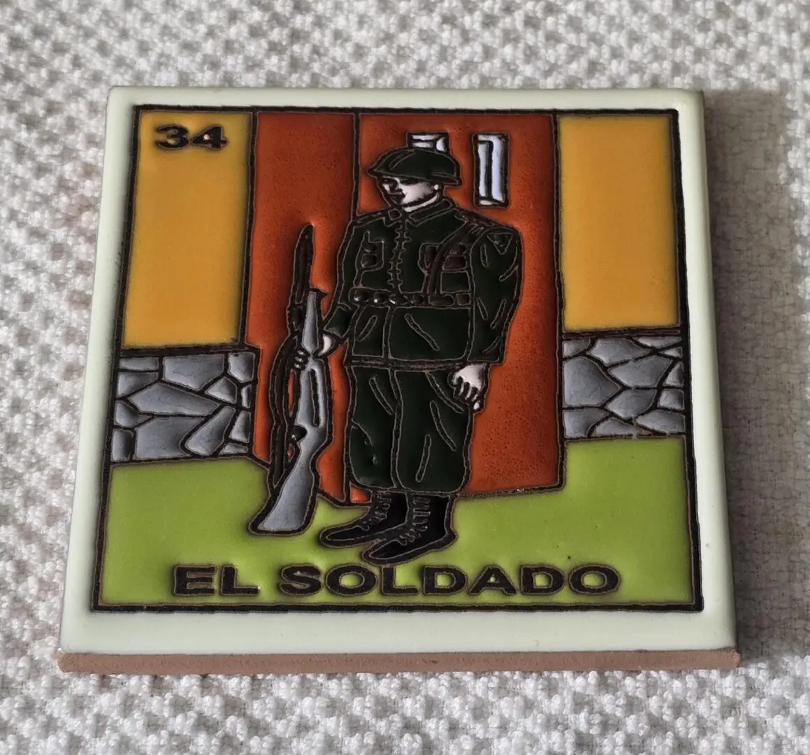 Soldier illustration on decorative tile, colorful background.