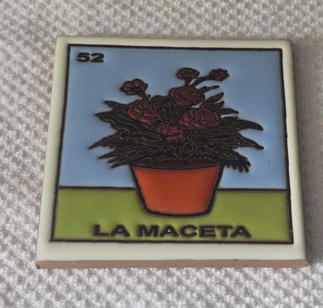LoterÃa card with potted flowers illustration.