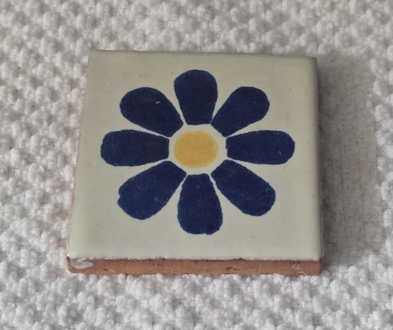 Tile with blue flower on white background.