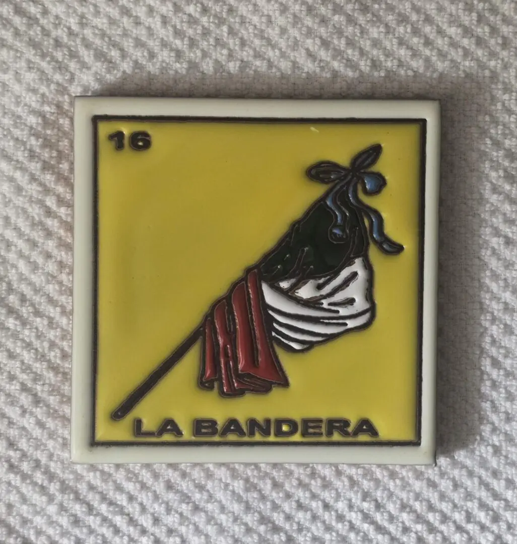 Yellow card with a flag illustration.