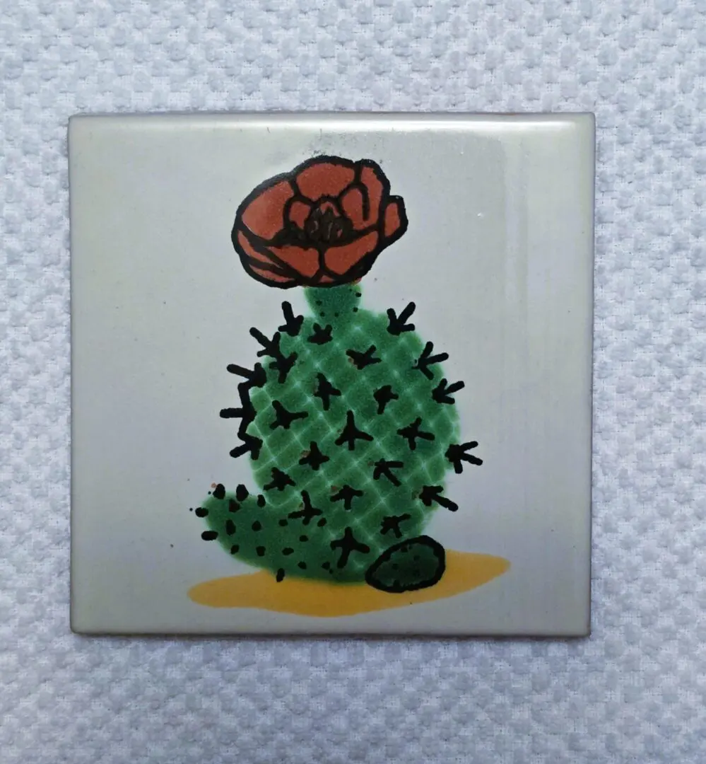 Cactus tile with red flower illustration.