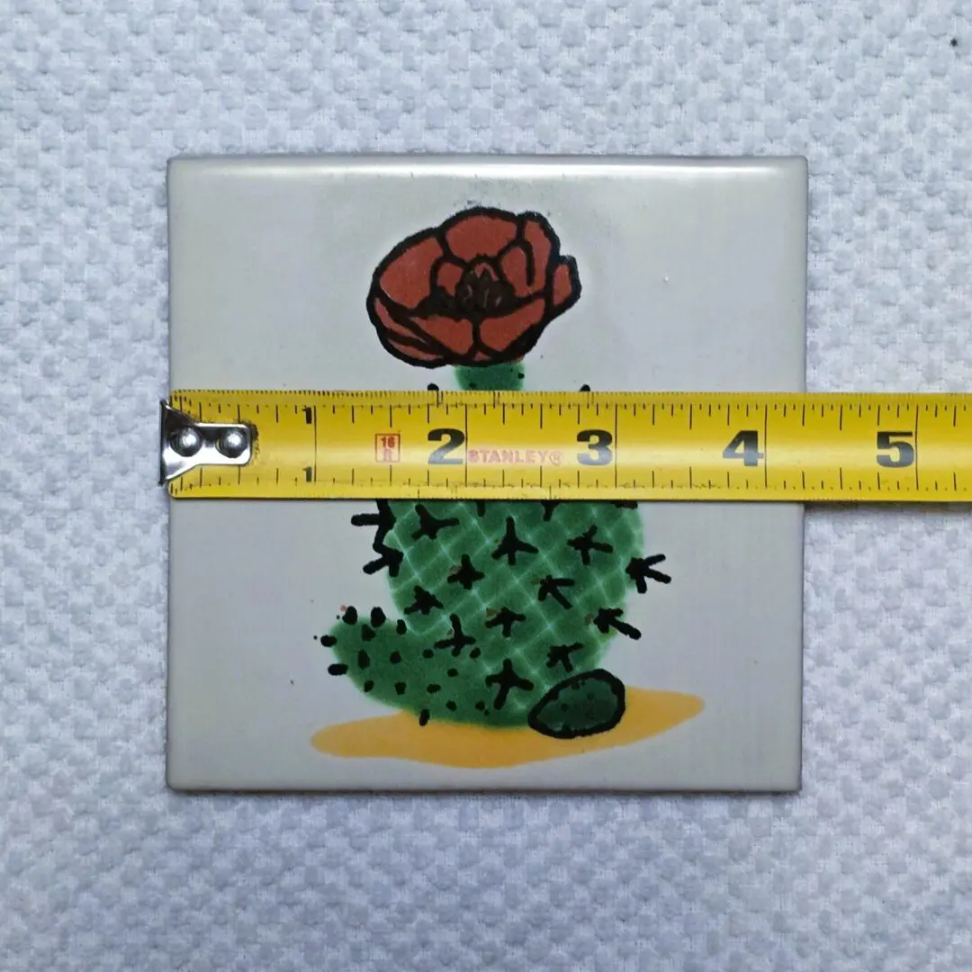 Tile with cactus design, measuring tape across.