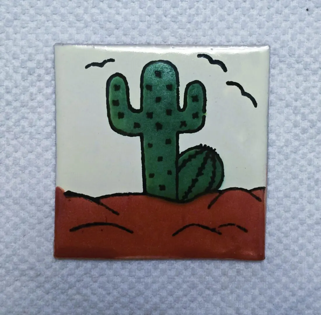 Cactus illustration on a small square tile.