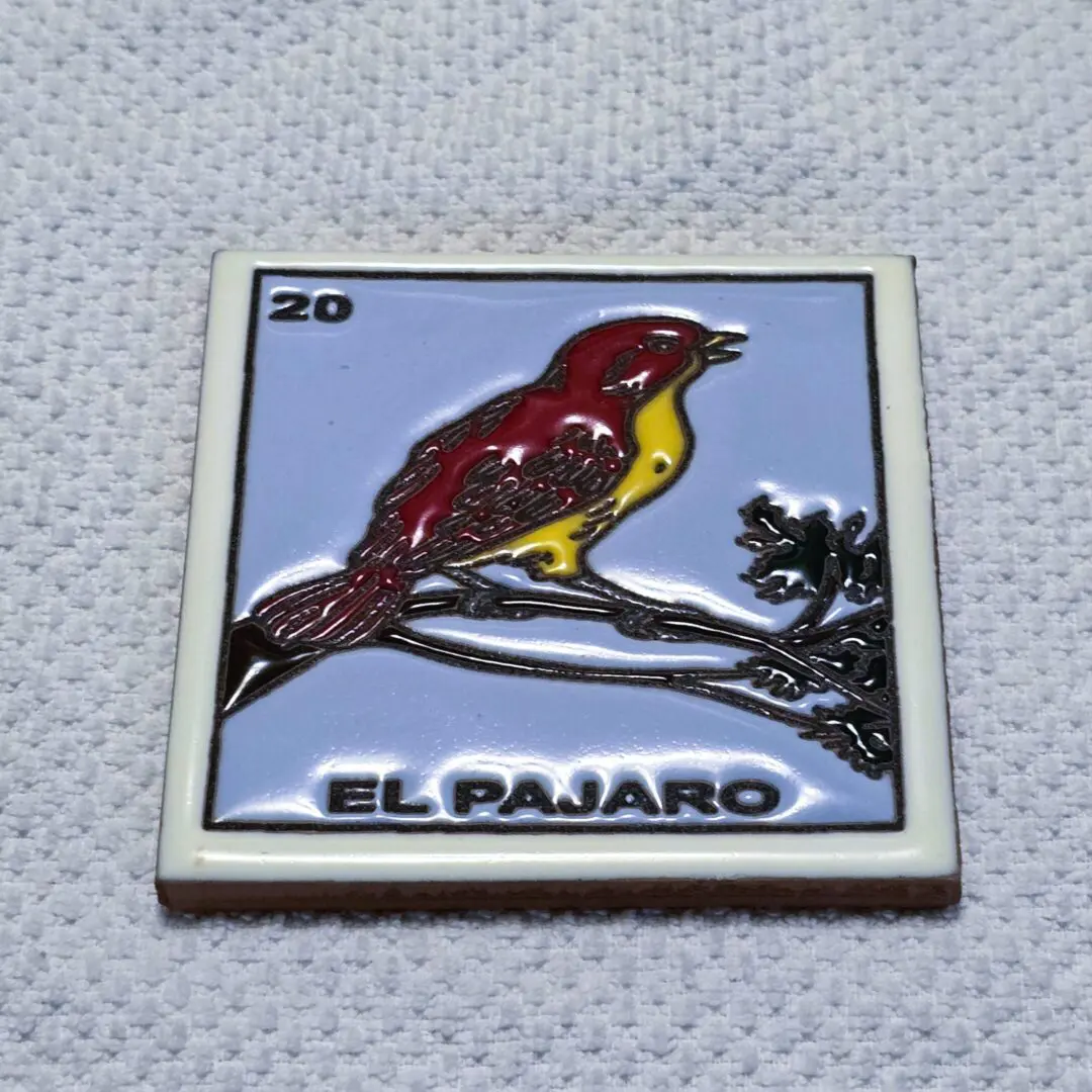 Red and yellow bird on tree branch.