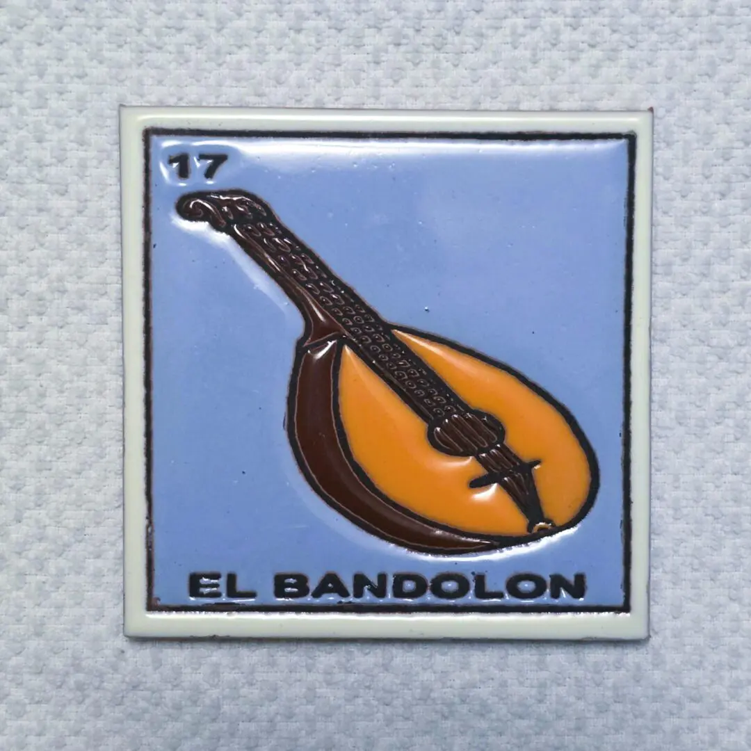 Mandolin illustration on a blue background.