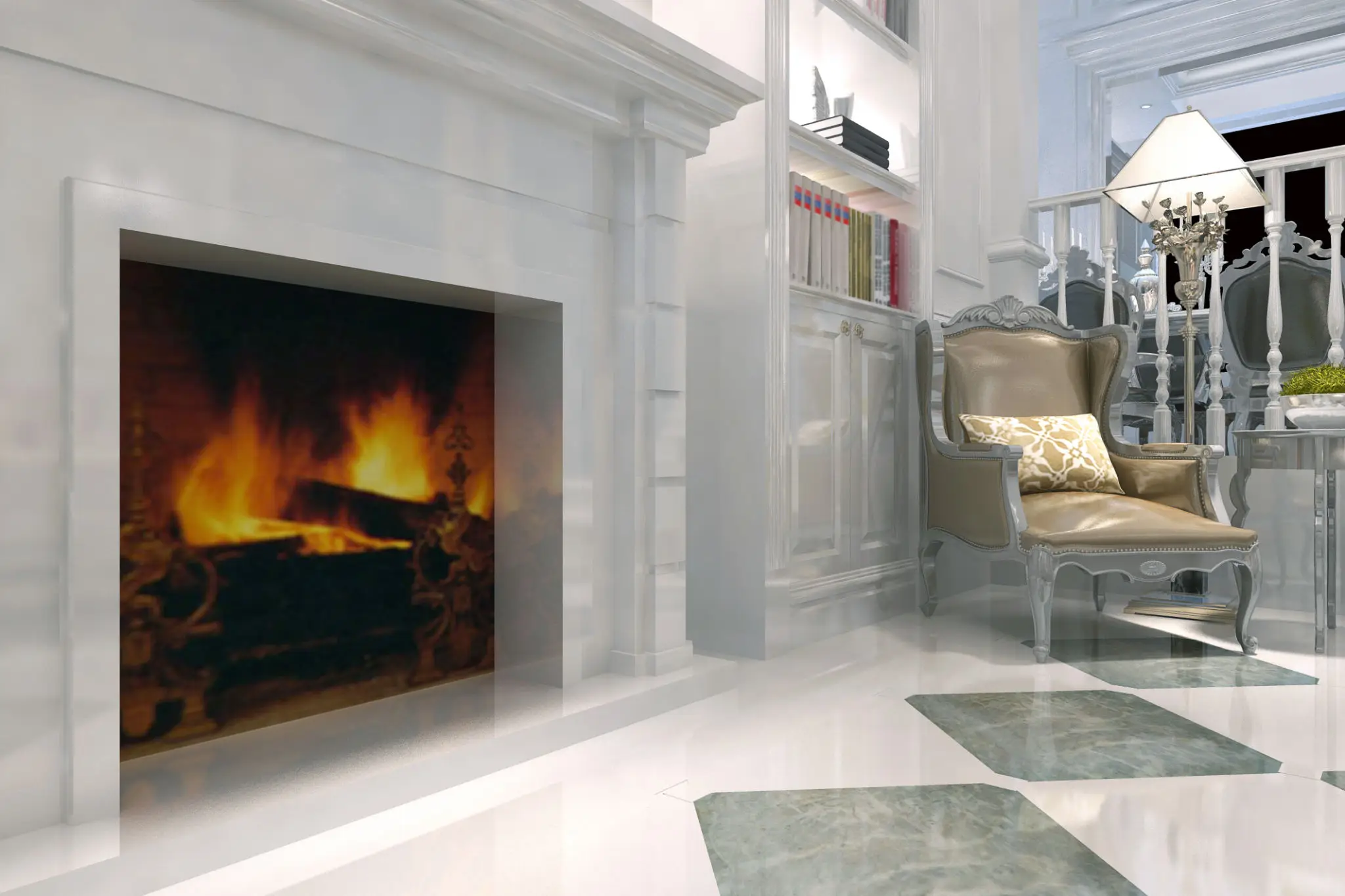 Cozy modern living room with a lit fireplace and a comfortable armchair.