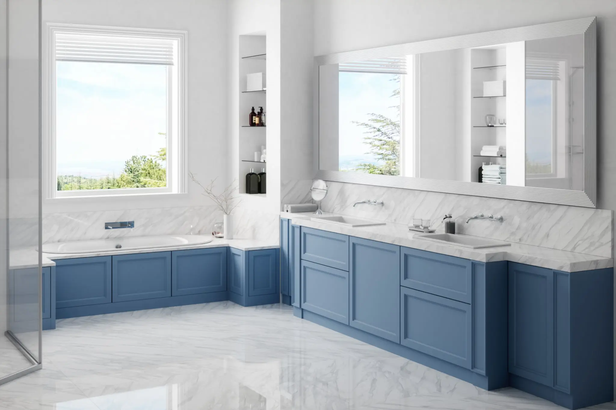 Modern bathroom with blue cabinets and large mirrors.