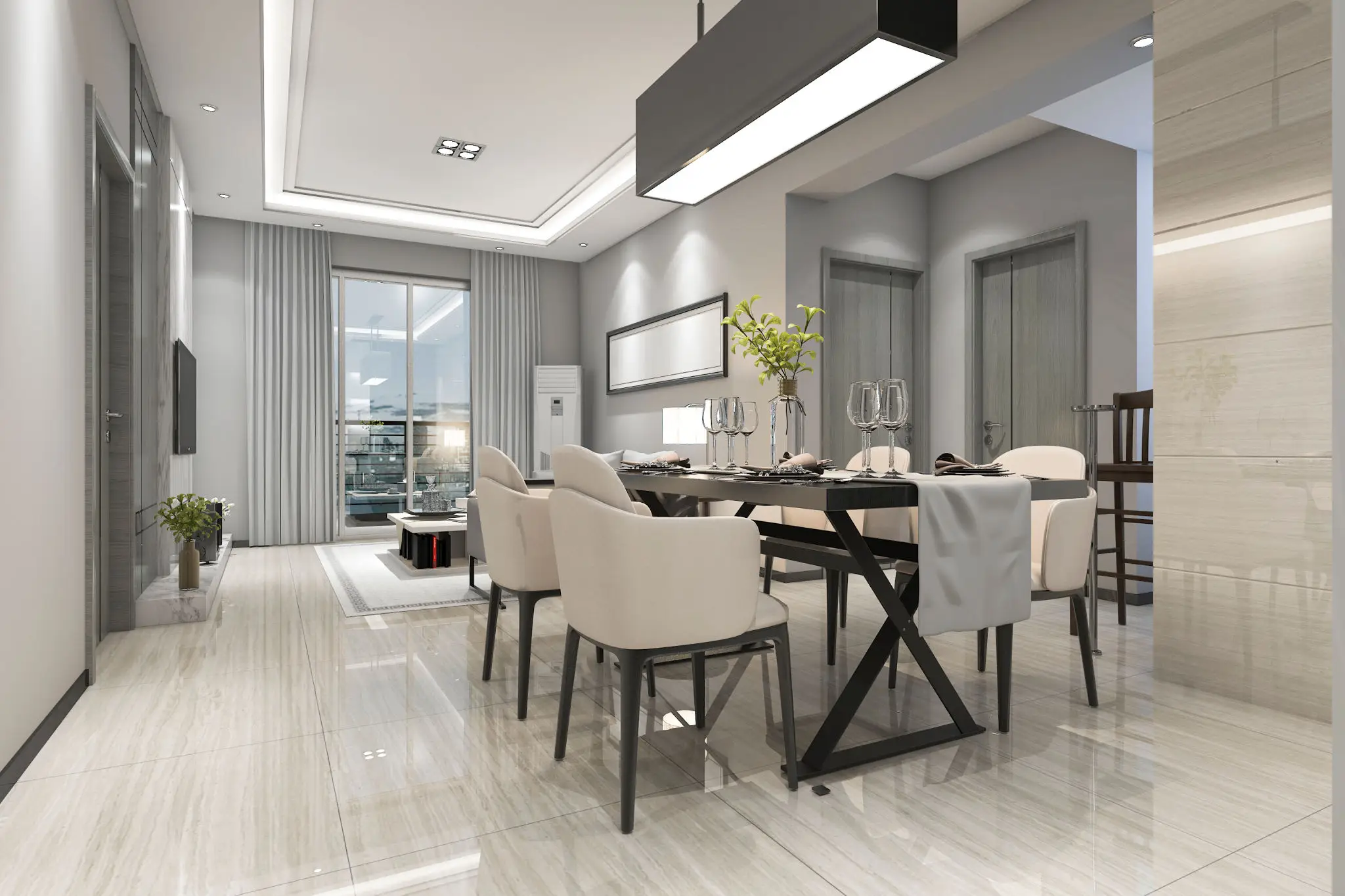 Modern dining room with beige chairs and a sleek black table.