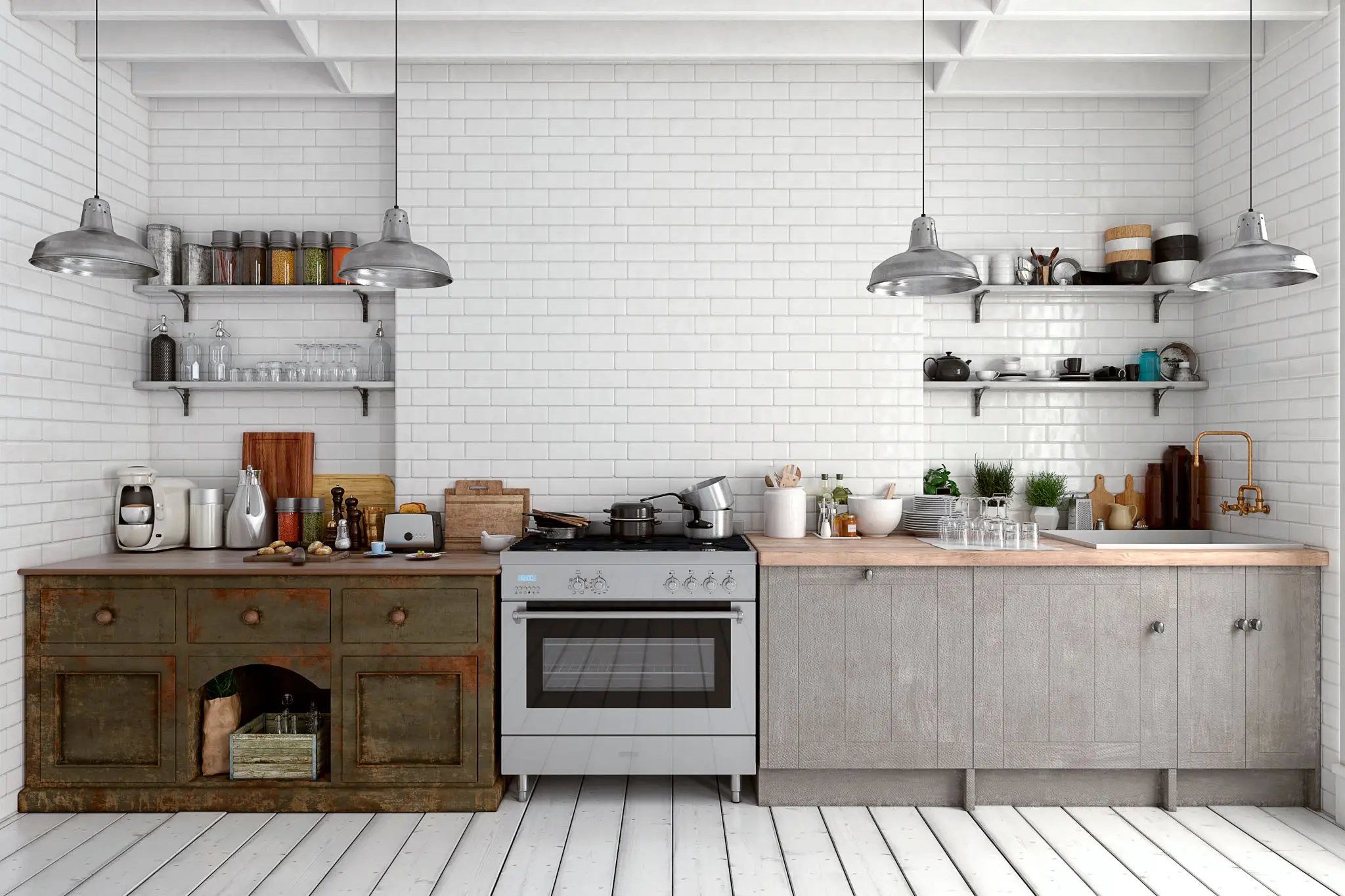 Cozy kitchen with wooden shelves, white brick wall, and stainless steel stove.
